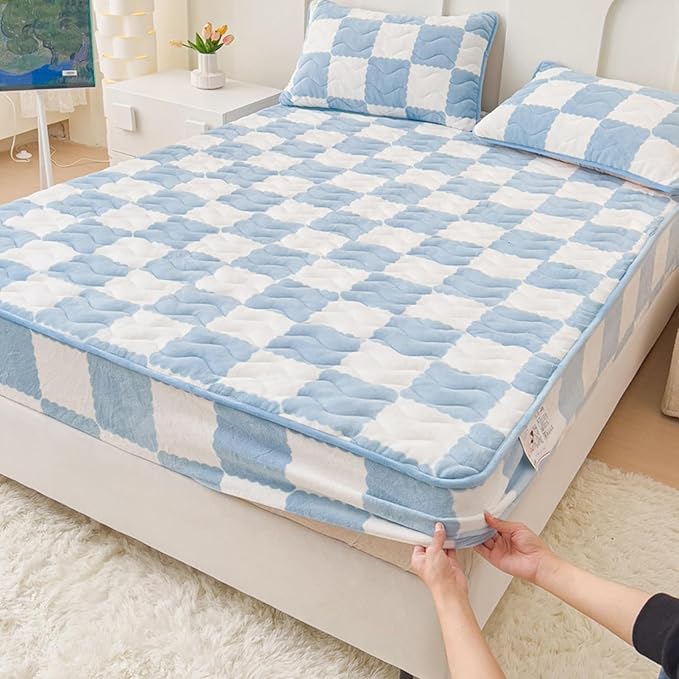Milk Velvet Checkered Bedding Mattress Cover, Super Soft Elastic Bed Sheets with Pillowcase - Washable 12'' Deep Pocket Mattress Pad
