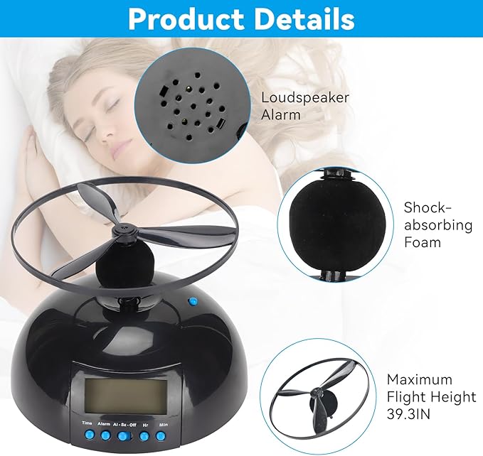 Flying Alarm Clock with Helicopter Propeller – Moving Alarm Clock on Wheels for Heavy Sleepers, Digital LED Run Away Gadget Clock, Creative Gift for Bedroom & Office Use