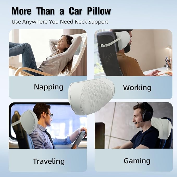 Car Neck Pillow 2-Pack - Premium Memory Foam Headrest with Soft Nappa Leather Feel, Ergonomic Support for Long Drives, Fits Most Vehicles (2, Grey)