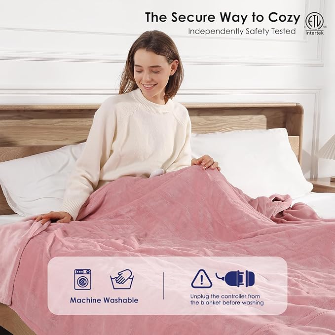 Electric Blanket Queen Size Heated Blanket 90''X84'' - Fleece Heating Blankets Washable with 5 Heating Level & 10 Hour Auto Off Dual Control Heated Blankets Pink for Winter, Great Gift Ideas