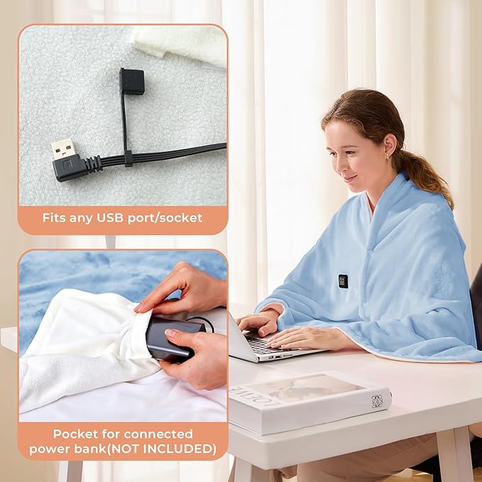 JOLLYVOGUE USB Heated Blanket Throw, Wearable & Portable Heating Electric Blanket for Adults, 3 Levels & 8 Heating Zone Shawl for Indoor & Outdoor, Light Blue (Battery Not Included)