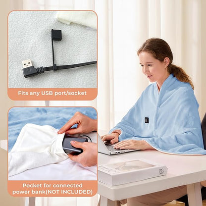 JOLLYVOGUE USB Heated Blanket Throw, Wearable & Portable Heating Electric Blanket for Adults, 3 Levels & 8 Heating Zone Shawl for Indoor & Outdoor, Light Blue (Battery Not Included)