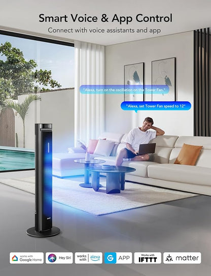 GoveeLife 42'' Tower Fan for Bedroom, Smart Floor Fans with 150° Adjustable Oscillating, APP & Voice Control, 5 Modes 12 Speeds up to 26ft/s, 24H Timer, 27dB Quiet Fan for Cooling Home Office Black