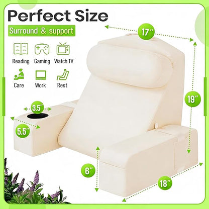 AS AWESLING 19 INCH Reading Pillow for Adults, Back Pillow for Bed Sitting Up, Backrest Pillow for Sitting in Bed, Detachable Arms with Built-in Cup & Phone Caddy (Beige, 19 INCH)