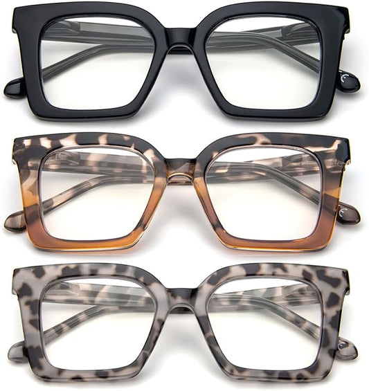 KoKoBin 3 Pack Stylish Square Frame Oprah Style Reading Glasses for Women, Blue Light Blocking Comfortable Readers