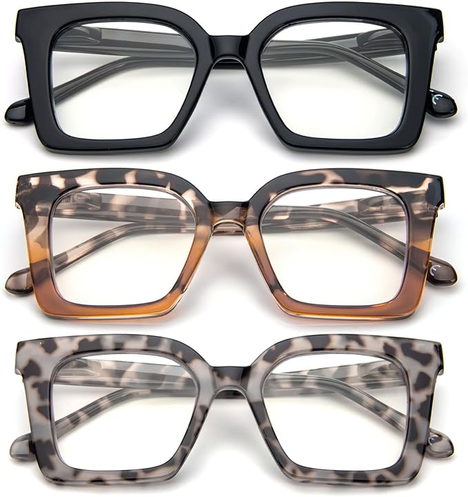 KoKoBin 3 Pack Stylish Square Frame Oprah Style Reading Glasses for Women, Blue Light Blocking Comfortable Readers