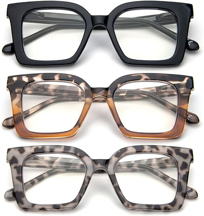 KoKoBin 3 Pack Stylish Square Frame Oprah Style Reading Glasses for Women, Blue Light Blocking Comfortable Readers