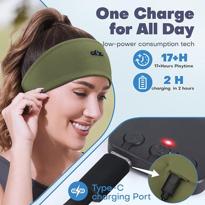 Sleep Headphones Bluetooth Headband for Side Sleeper, 17 Hour Playtime, Wireless Headband Headphones with HD Stereo Speakers for Workout,Running,Yoga, Ideal Gifts for Men, Women, Teens, Olive