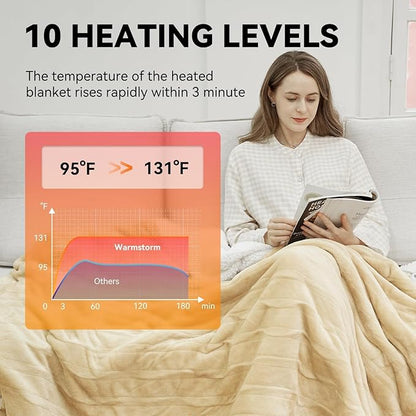 Warm Storm Electric Blanket King Size Heated Blanket Anti-Static Flannel & Sherpa 10 Heating Levels 12 Hours Auto Off Machine Washable Beige 90"x 100"