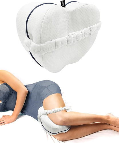 SPRING SEAON Knee Support Pillow for Side Sleepers – Deep Contour Memory Foam Leg Pillow with Adjustable Strap for Sciatica, Hip, Back & Knee Pain Relief – Breathable, Washable Cover, White