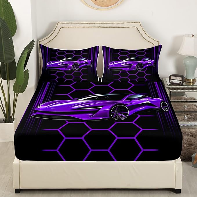 Racing Car Theme Fitted Sheet Neon Lines Honeycomb Geometric Bed Sheet Set for Kids Children Teens Purple Sports Car Bed Cover Toddler Bedroom Decor,Twin Size