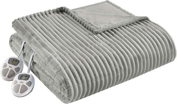 Serta Electric Blanket, Soft, Ribbed, Plush Heating Blanket King for Office, Couch, 1-12 hr Auto Shut Off Timer, 10 Lv Heating, ETL Certified, King 100"x90" Mineral Grey