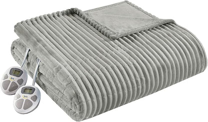 Serta Electric Blanket, Soft, Ribbed, Plush Heating Blanket Queen for Office, Couch, 1-12 hr Auto Shut Off Timer, 10 Lv Heating, ETL Certified, Queen 84"x90" Mineral Grey