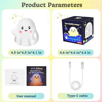 Rechargeable Night Light for Kids, RGB Ghost Night Lights 30-Min Timer/9 Sounds/9 Sleep Music/Touch Sensor, Multi-Color Silicone LED Night Lamp for Bedroom Nursery Room Christmas Decor