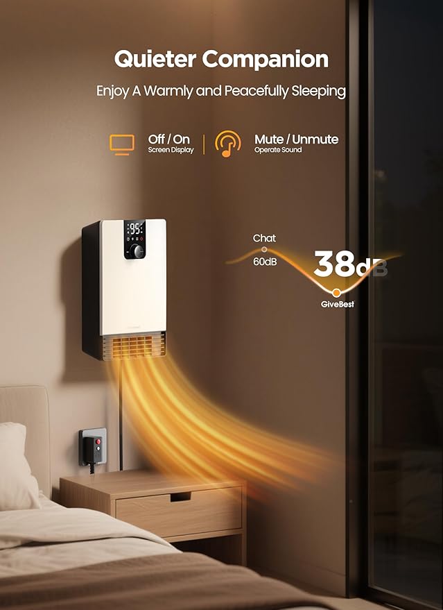 GiveBest Smart Wall Heater, 1500W Fast Heating Electric Space Heater for Indoor Use, 3 Heating Modes, Adjustable Thermostat, 24H Timer, Easy Mounted for Bedroom, Office, Home, White