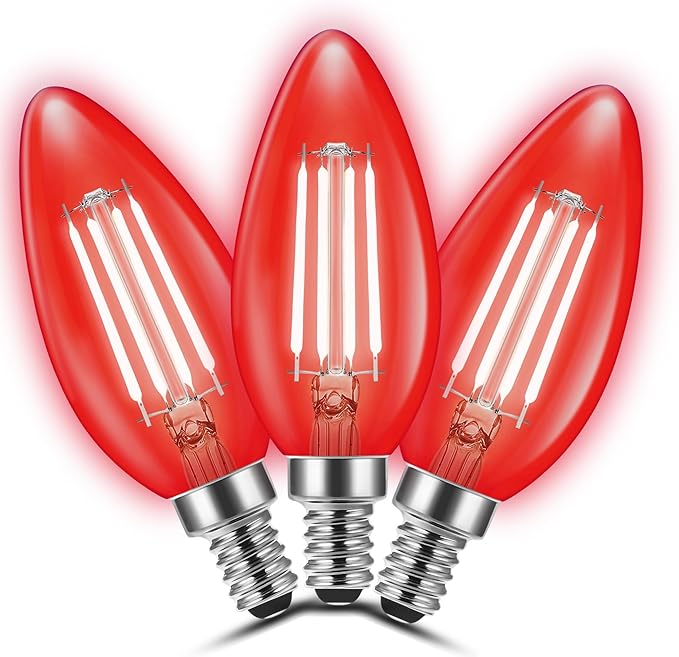 E12 LED Red Light Bulb for Christmas, C35 LED E12 Filament Candle Bulb 4W (40W Equivalent) E12 Base Red Lighting for Halloween, Party Decor, Sleep Lights, Bedroom, Porch Lights, Non-Dimmable, 3 Pack