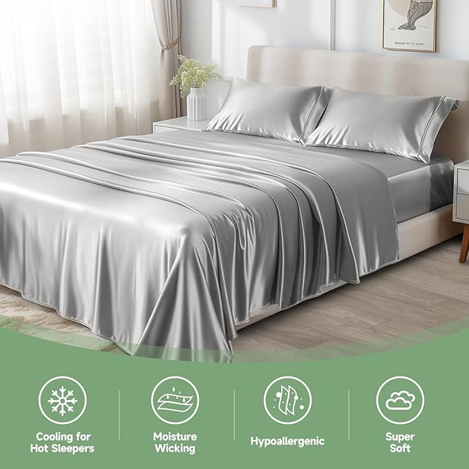 EaseHome King Cooling Sheets, Rayon Derived from Bamboo, Deep Pocket Up to 16", Soft King Size Bed Sheets, Luxury Bedding Sheets & Pillowcases, Light Grey