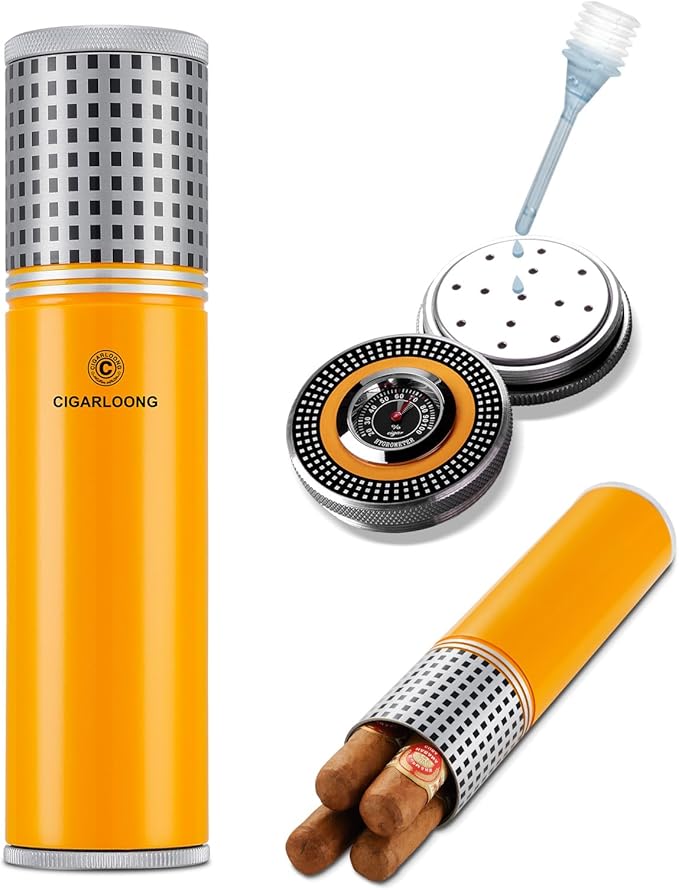 Travel Cigar Humidor Case/Box Stainless Steel Portable Cigar Tube Cigars Jar Humidifiers Air Tight Lid, Smell Proof with Cigar Hygrometer and Humidifier for 3 to 4 Cigars (Yellow)