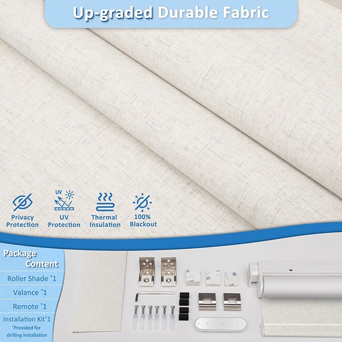 Smart Motorized Blinds with Remote, Cordless No-Drill Automatic Roller Shades, Blackout Electric Blind for Windows, Linen Stone, 33.5 x 72