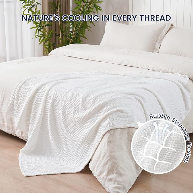 PHF Cooling Muslin Throw Blanket for Hot Sleepers, 60% Rayon Derived from Bamboo, 40% Cotton for Summer, 4-Layer Breathable Gauze Blanket for Bed Couch, 50"x60", White