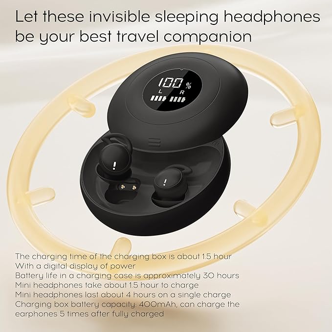 sunvito Sleep Earbuds Bluetooth 5.4, Mini Invisible Silicone Sleep Earbuds for Side Sleepers, Noise Blocking Sleeping Headphones, Hidden Earbuds with LED Display for Small Ears, Sleep & Relax (Black)