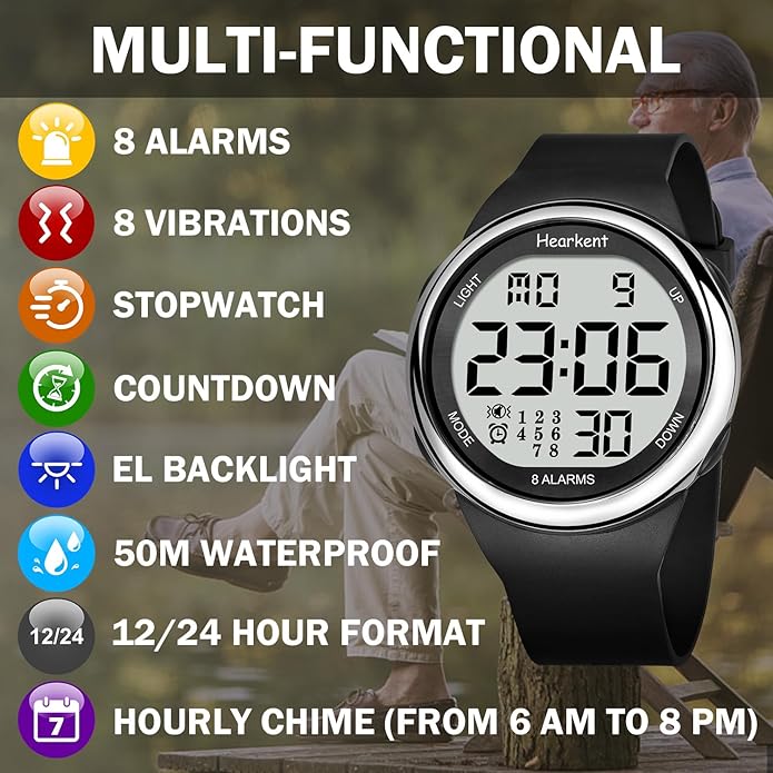 8 Vibrating Alarm Watch Medication Reminder Watch for Elderly Big Number Digital, Silent Alarm Wristband with Light and Timer 50 M Waterproof Watch