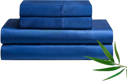 YnM Cooling Bed Sheet Set with 100 Percent Rayon Derived from Bamboo, 400TC Fabric with 1 Pillowcase and Flat Sheet, Deep Pocket Fit 19'', Silky-Soft & Sweat Wicking, 3 Piece (Twin XL, Dark Blue)