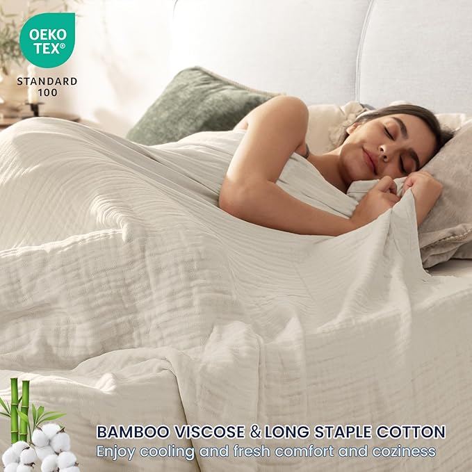 PHF Cooling Muslin King Blanket for Hot Sleepers, 60% Viscose from Bamboo, 40% Cotton and 4-Layer Breathable Gauze Blanket for Bed Couch, 108"x90", Oat Milk
