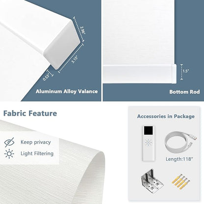 Motorized Blinds with Remote Cordless Automatic Motorized Shades Custom Blinds for Windows Smart Curtains Compatible with Alexa Google Home(Light Filtering Jacquard White,W48 x H72in)
