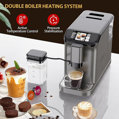 Automatic Espresso Machine with 20 Bar Pressure – One-Touch Coffee Maker, Built-in Grinder & Milk Frother, 6 Custom Recipes, 1.5L Water Tank, Auto Self-Cleaning, 120V for Home & Office (Grey)