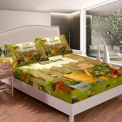 Plant a Garden Kids Sheet Full Size,Gardening Gardener Bedding Set,Boys Girls Room Decor,Potted Plants Flowers Butterfly Rustic Green Beige Bed Sheet Set 4pcs(Fitted + Flat + 2 Pillowcases)