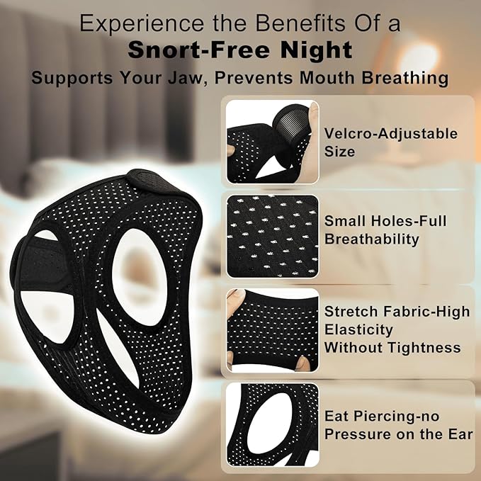 Sleep Apnea Devices - Chin Strap for Sleeping, Airflow Jaw Strap, Effective Anti Snoring Solution for Men and Women, Anti Snore Devices Breathable and Reusable (Black & 54CM & 1PCS）