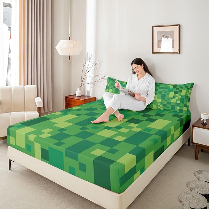 Pixelated Check Kids Full Size Fitted Sheet,Patchwork Grid Video Games Room Decor,Lattice Geometric Abstract Boys Girls Bed Sheets,Green Bedding Set,2 Pillowcases(No Flat)