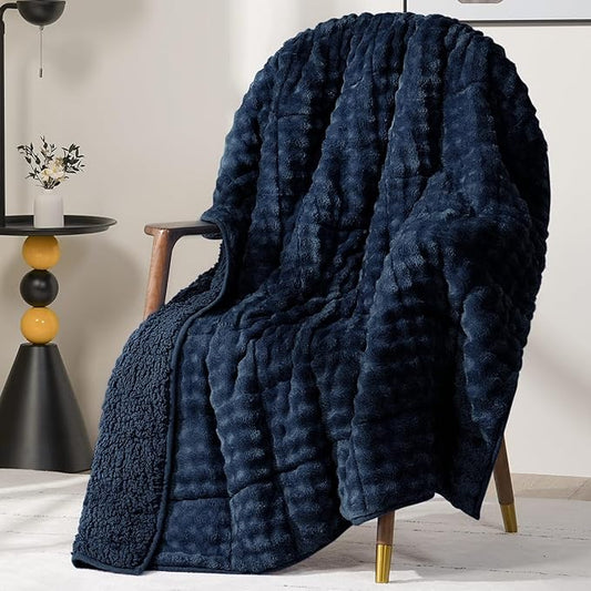 Cottonblue Weighted Blanket 20lbs Bubble Fleece Plush Sherpa Heavy Weighted Blankets for Adults, Fits Queen Size Bed, Cute Fuzzy Warm Heavy Blanket for Calm and Better Sleep, 60"x80", Navy Blue