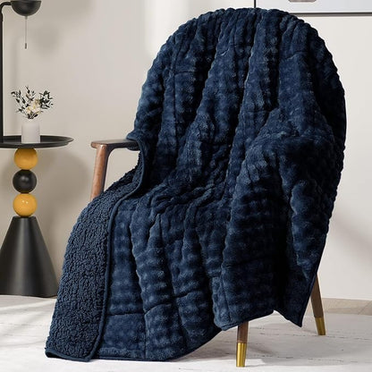 Cottonblue Bubble Weighted Blanket 15lbs Faux Fur Sherpa Heavy Weighted Blankets for Adults, Fits Queen Size Bed, Cute Fuzzy Warm Heavy Blanket for Calm and Better Sleep, 60"x80", Navy Blue