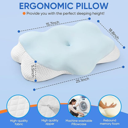 Cervical Pillow for Neck Pain Relief, Adjustable Ergonomic Contour with Orthopedic Memory Foam, Full Support for All Sleeping Positions (Side Back Stomach), Odorless (Blue-White)