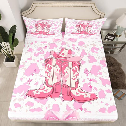 Western Cowgirl Full Size Fitted Sheet,Ethnic Tribal Boots Hat Retro 3 Pieces Kids Teenager Room Decor Princess Lace Pink Bowknot Rustic Cowhide Cow Fur Pocket 2 Pillowcases