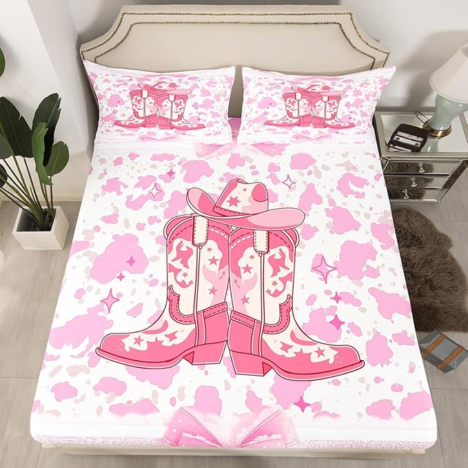 Western Cowgirl Fitted Sheet Queen Size,Ethnic Tribal Boots Hat Retro Soft Bed Cover(1 Fitted Sheet+1 Pillow Case),Princess Lace Pink Bowknot Rustic Cowhide Cow Fur Breathable Mattress Cover