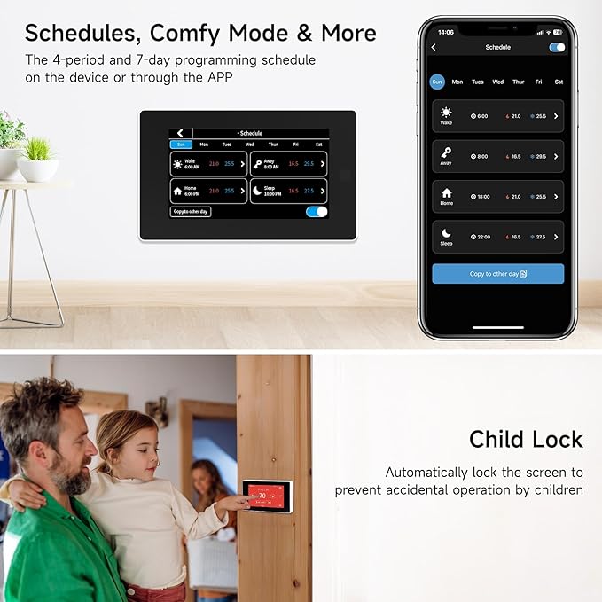 Smart Thermostat for House with C-Wire Adapter, Programmable WiFi Thermostat Compatible with Alexa and Google Assistant,Energy Saving, Remote Control Tuya/Smart Life, C-Wire Require