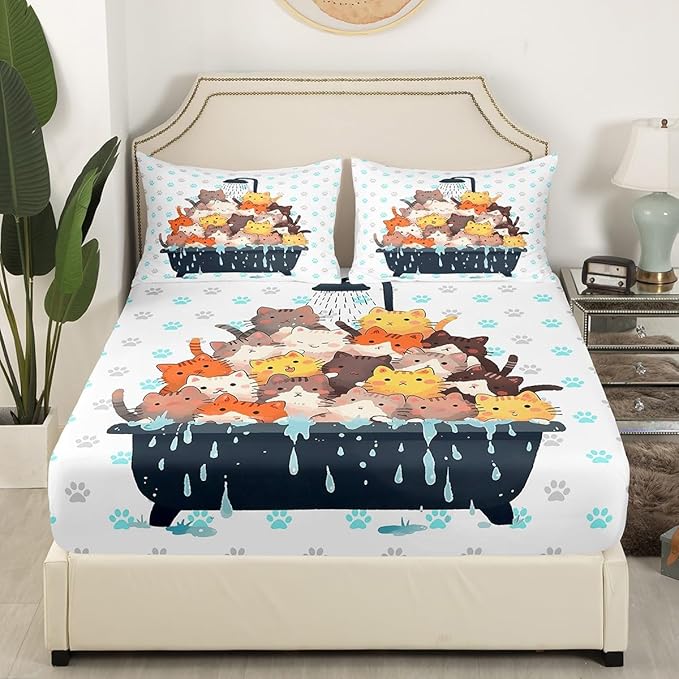 Cartoon Cats Fitted Sheet Twin 2 Pcs,Bathing Cats Watercolor Graffiti Soft Microfiber Sheets Breathable Bedding(No Top Sheet),Grey Blue Cat Paw Print Bedsheet with Deep Pocket