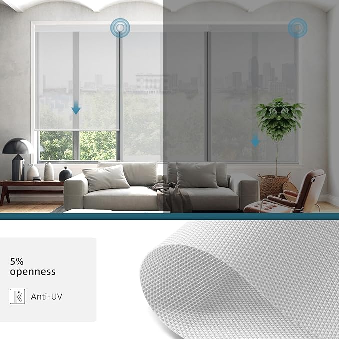 Motorized Shades Compatible with Alexa,Google Asssitant,Homekit Over Thead,5% Openness Solar Shades for Window, Smart Shades with Remote, APP/Voice Control,Custom Size,Aventus Ice