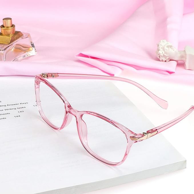 VisionGlobal Blue Light Blocking Glasses for Women, Anti Eyestrain, Computer Reading, TV Glasses, Stylish Square Frame, Anti Glare(Clear Pink,+5.75 Magnification)