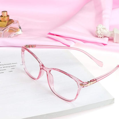VisionGlobal Blue Light Blocking Glasses for Women, Anti Eyestrain, Computer Reading, TV Glasses, Stylish Square Frame, Anti Glare(Clear Pink,+1.75 Magnification)