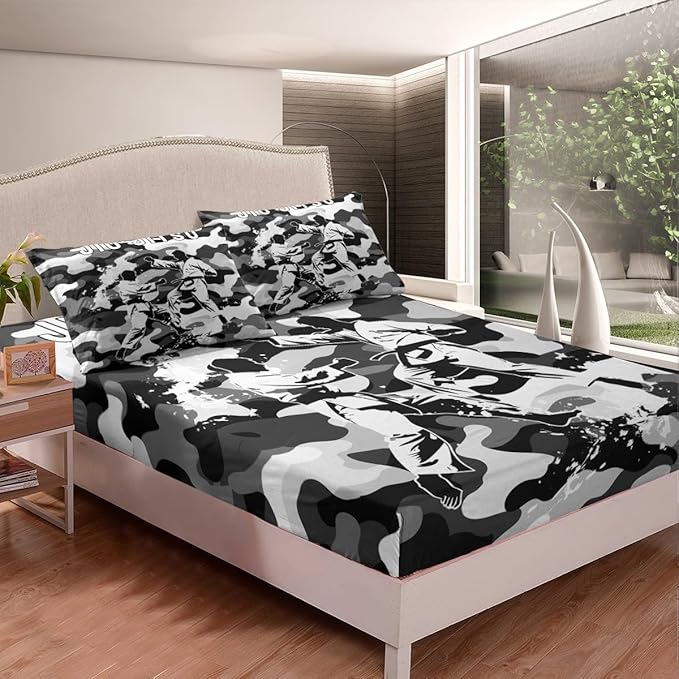 Manfei Jiujitsu Fitted Sheet Twin Size, Japanese Judo Sports Theme Bedding Set 2pcs, Grey Camouflage Print Bed Cover with 1 Pillowcase, Kids Boys Teen Room Decor, Soft Bedding(No Top Sheet)