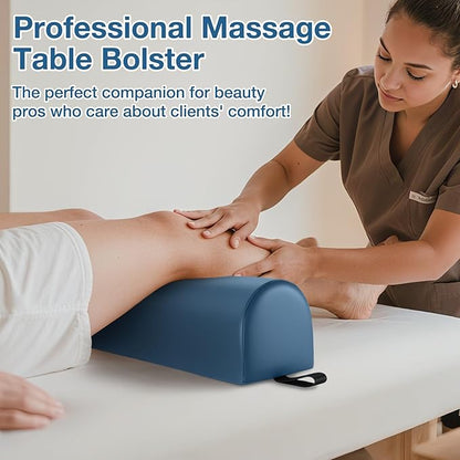 Noverlife 3/4 Round Massage Bolster, 26x6x6 inch Leg Bolster for Massage Table with Strap Handle PU Leather Bolster Pillow for Legs, Physical Therapy Bolsters Under Back Knee Ankles Pain Relief - Blue