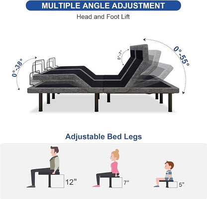 Vipbear Twin XL Adjustable Beds with Thickened Frame, Adjustable Bed Frame with Pillow-Tilt,Separate Head/Foot Lift,Smart APP Control, Massage, Zero Gravity, Anti-Snore, Wireless Remote,USB Ports