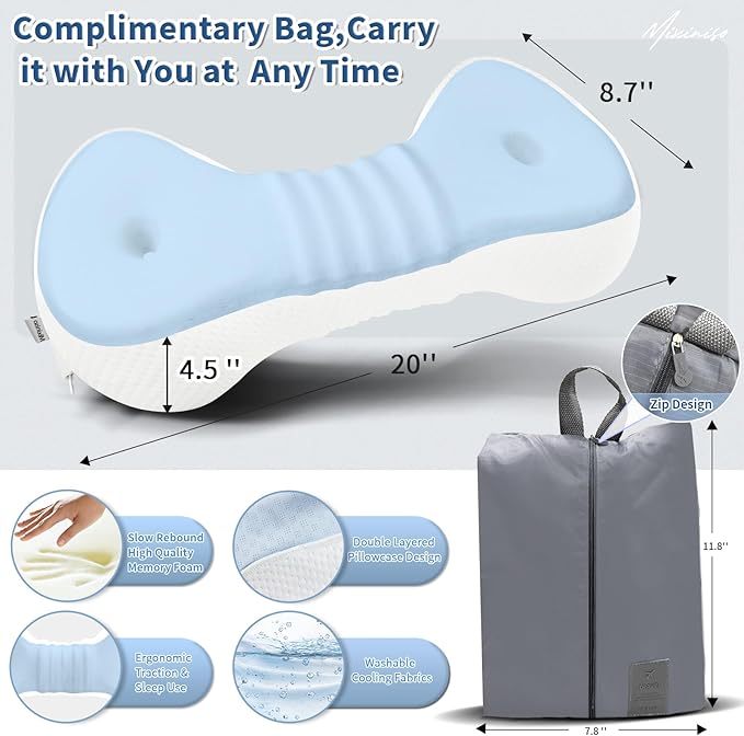 Neck Support Pillow, Small Cervical Neck Roll Pillow Memory Foam, Cervical Traction Device, Premium Neck Bolster Pillow for Side Sleepers, Camping & Travel Pillow with Portable Bag (sky blue)