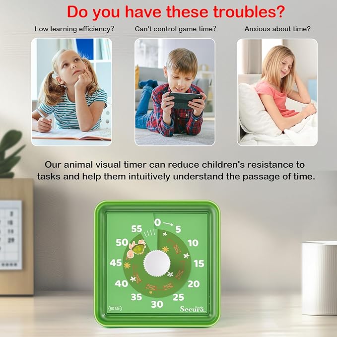 Secura 60-Minute Visual Countdown Timer for Kids & Adults, Classroom Time Management Tool (Green & Green)