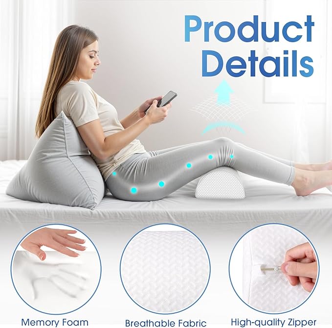 Knee Pillow for Back Sleeping Memory Foam Half Moon Bolster Pillow for Legs, Under Knee Support, Ankle & Foot Comfort Orthopedic Pillow for Side Sleepers (White, 20.4" x 8" x 4.9")