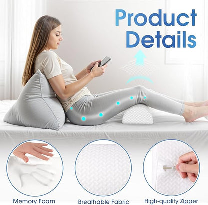 Knee Pillow for Back Sleeping Memory Foam Half Moon Bolster Pillow for Legs, Under Knee Support, Ankle & Foot Comfort Orthopedic Pillow for Side Sleepers (White, 20.4" x 8" x 4.9")